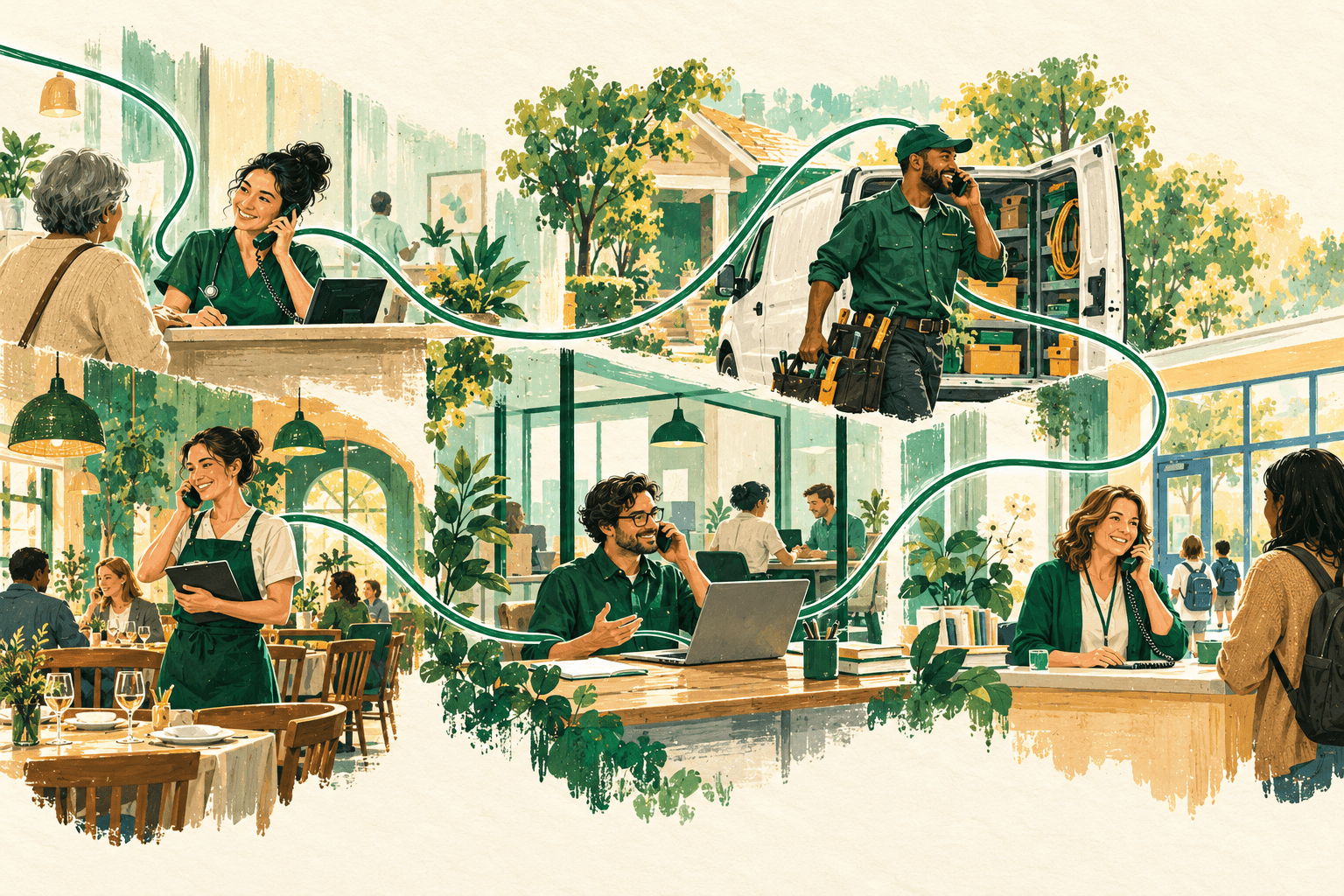 Illustration of a clinic, a field technician's van, a restaurant, an office and a school front desk, joined by one green line.
