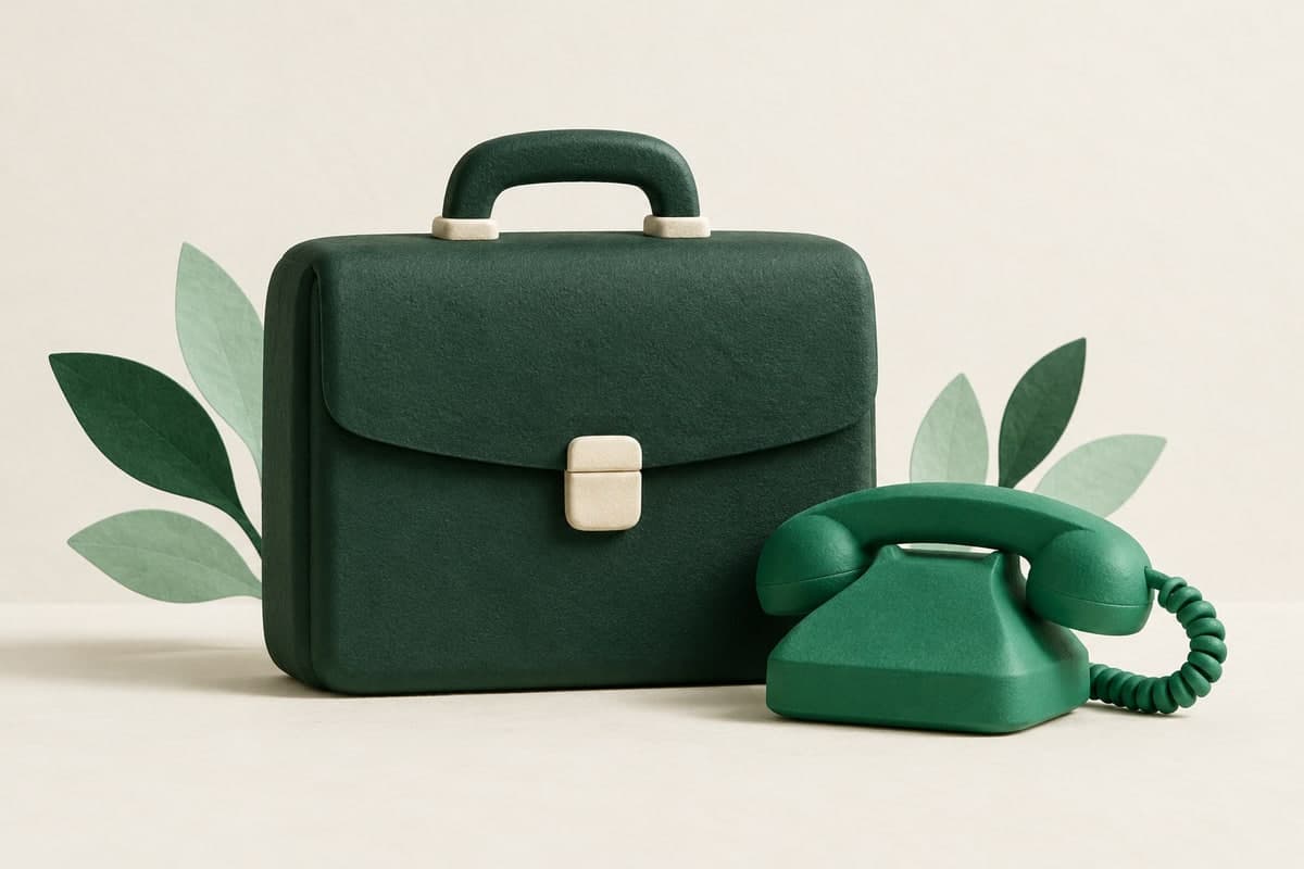 Forest-green briefcase beside an emerald telephone handset
