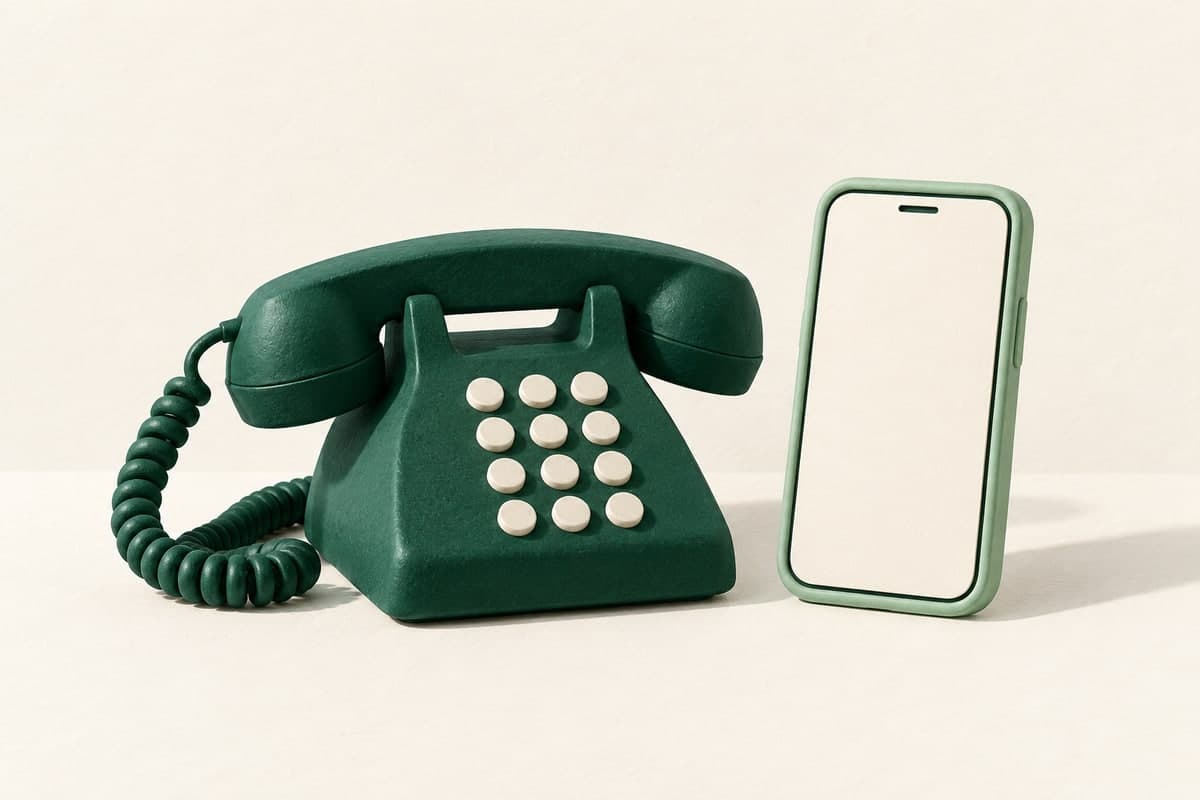 Sculpted desk phone beside an upright mint mobile phone