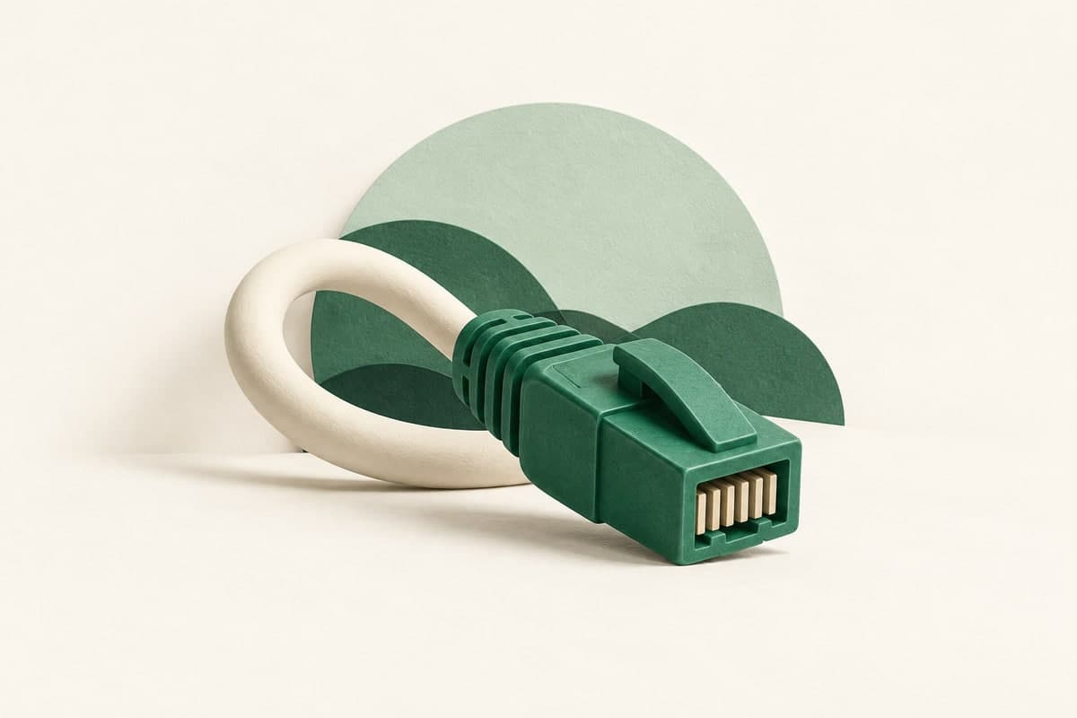Oversized emerald ethernet plug with an ivory curved cable