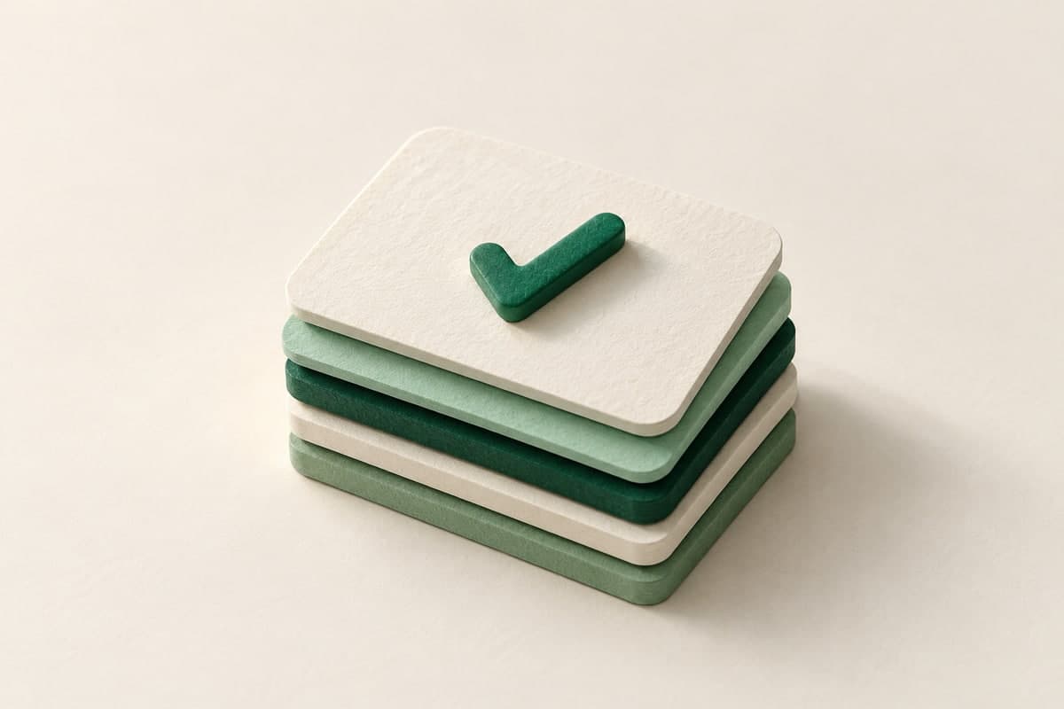 Stacked green and ivory priority cards with a raised checkmark