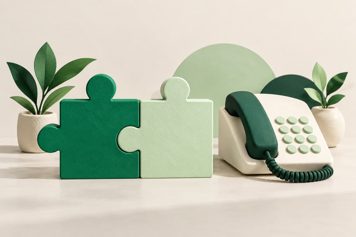 Connected green puzzle pieces beside an ivory business telephone