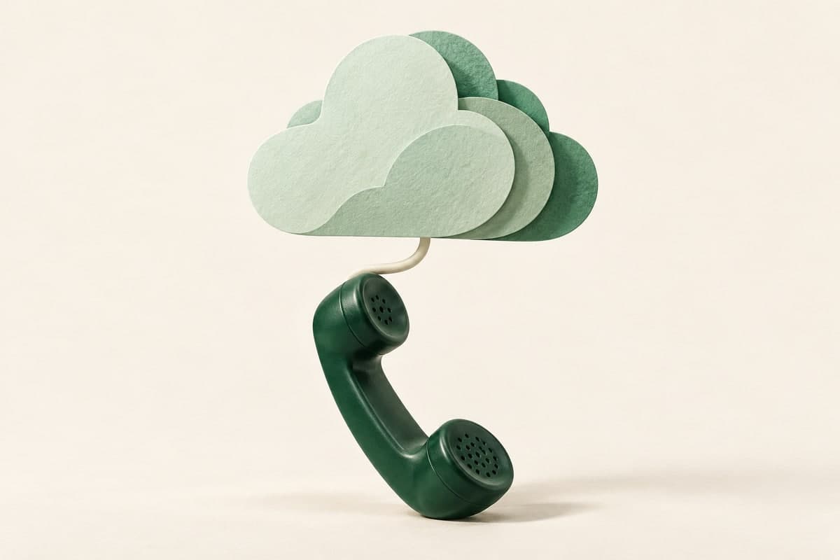 Sculpted green telephone handset beneath a pale mint cloud